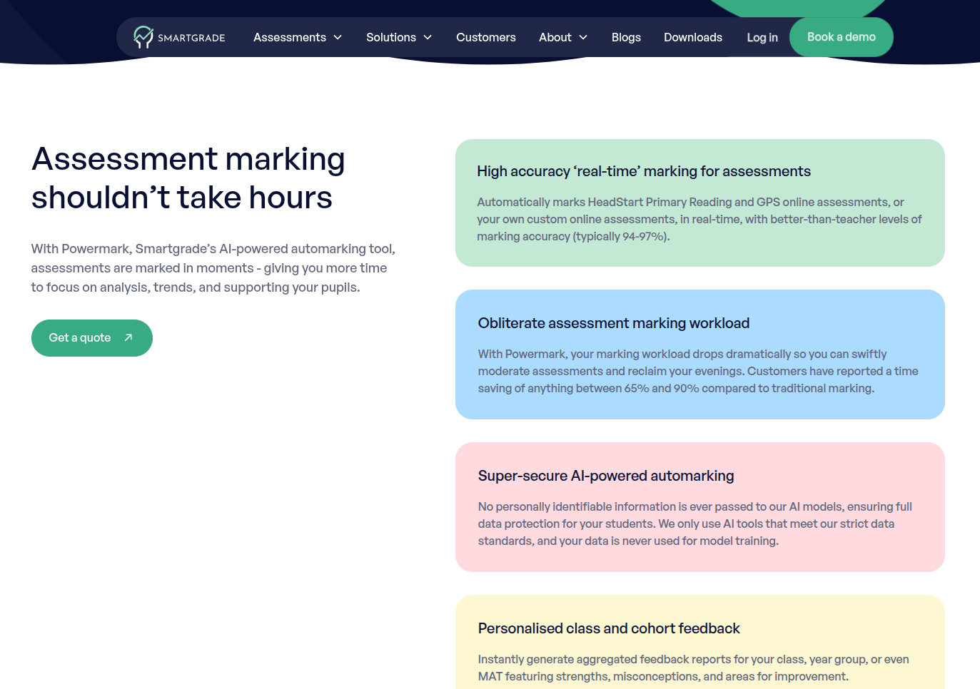Smartgrade UK Powermark hero: headline on marking time and four value cards (accuracy, workload, secure AI, personalised feedback).